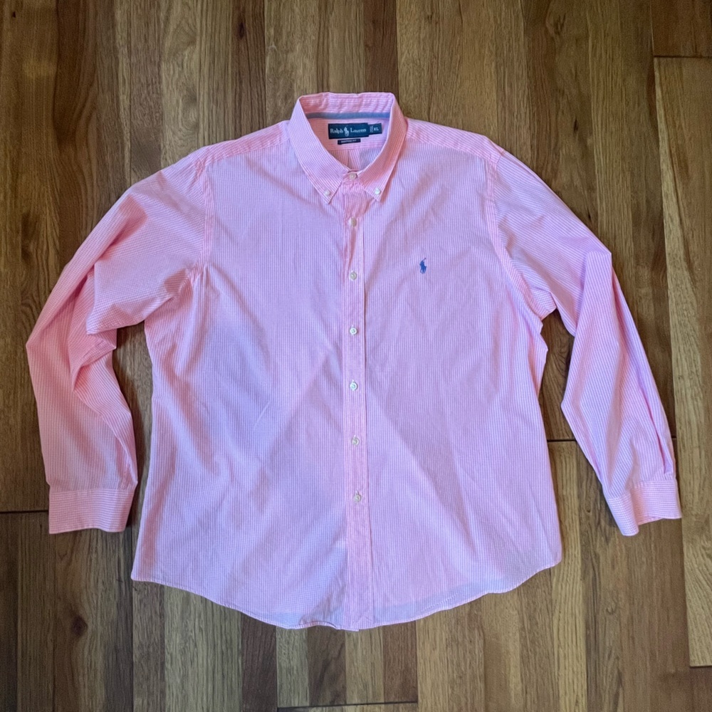 Ralph Lauren Pink‎ and White Check Custom Fit Cotton Button Down Dress Shirt XL